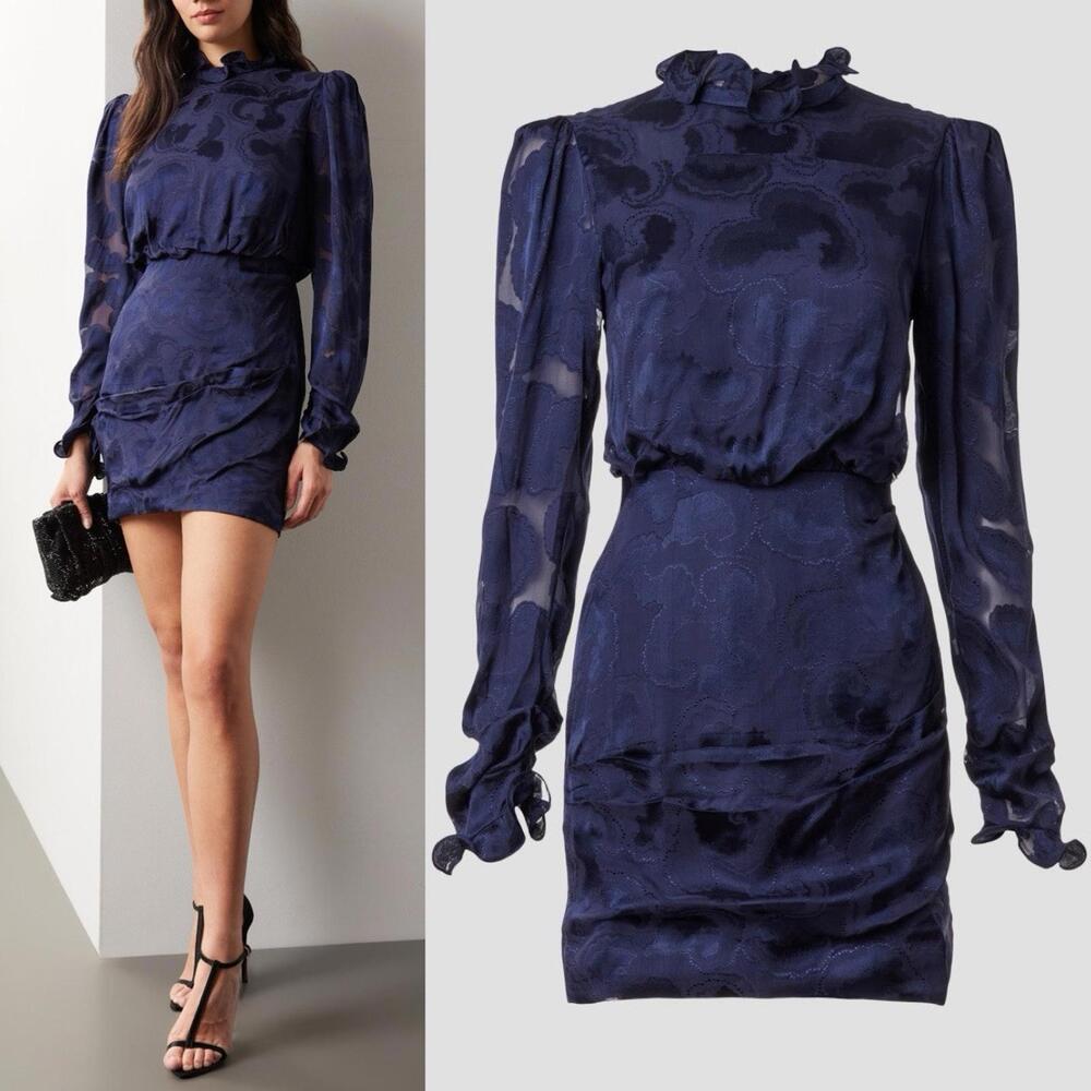 $625 SALONI "Rina-B" Floral Jacquard High-neck Silk Dress Long Sleeves- US 4